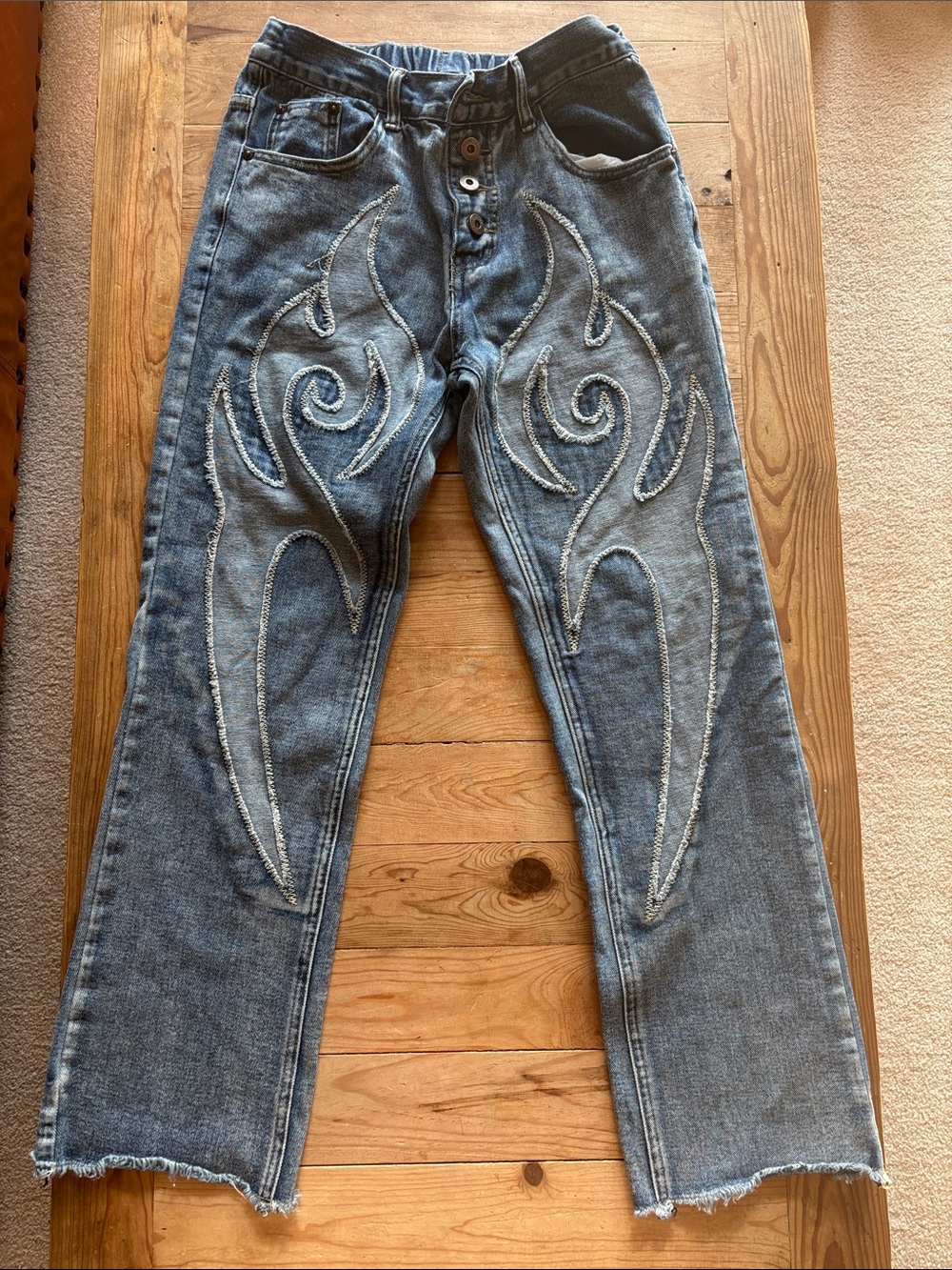 Aelfric Eden Men's Distressed Blue Jeans with Embroidered Flame Motif